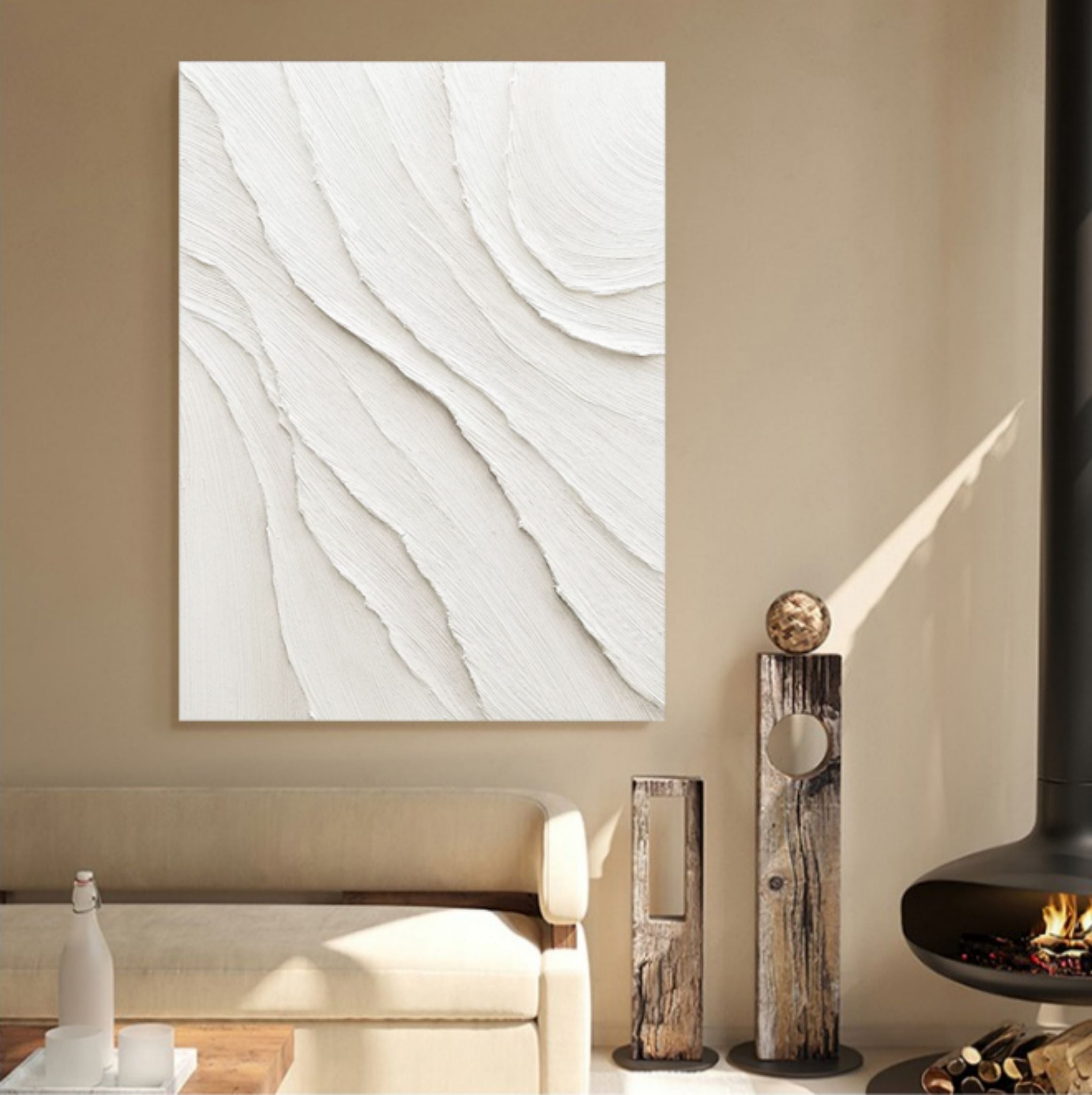 Large Plaster Wall Art White 3D Plaster Art On Canvas Textured Wall Art Minimalist Abstract Painting