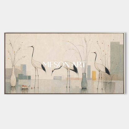 Large Minimalist Crane Wall Art With Still Life For Modern Living Room Decor