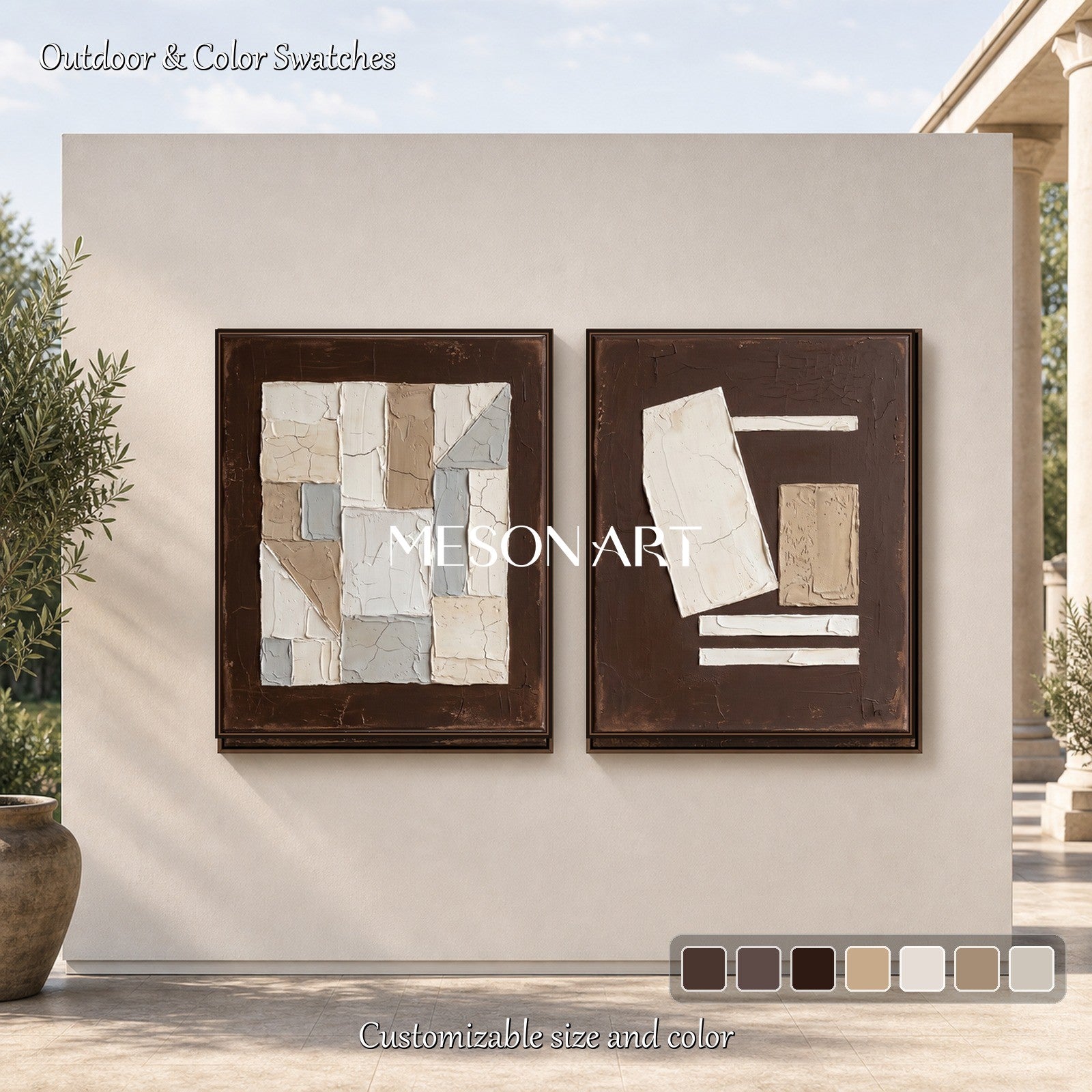 Brown Abstract Plaster Art Diptych For Wabi Sabi Home Decor Original Oil Painting