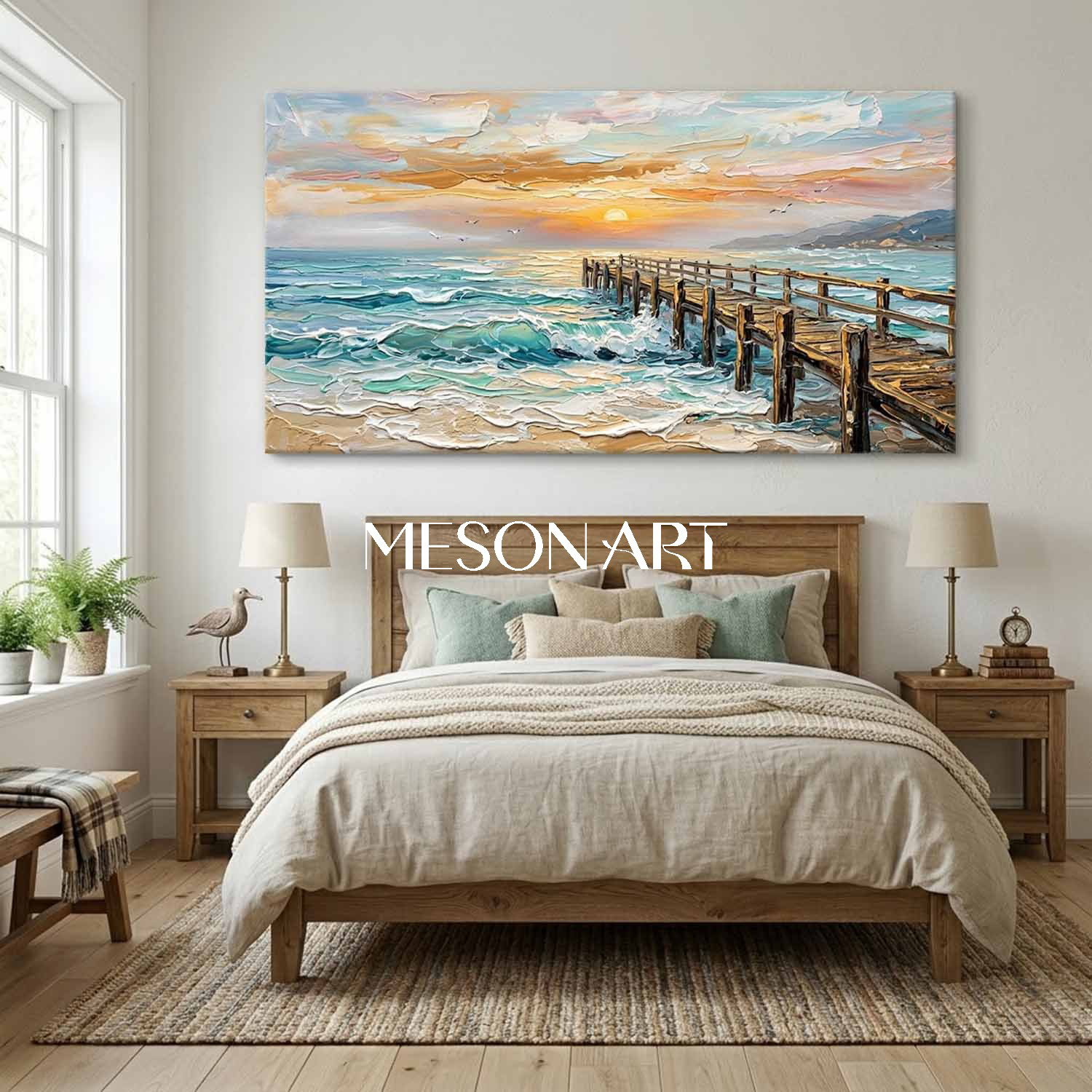 Luxury Golden Sunset Seascape Oil Painting With Textured Pier For Modern Living Room Wall Art