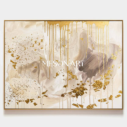 Luxury Gold Leaf Abstract Art With Cream Neutral Tones For Modern Living Room Decor