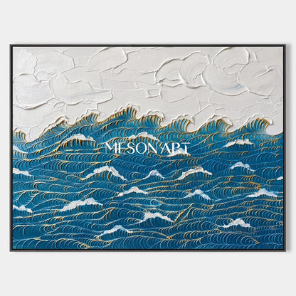 Blue And Gold Ocean Wave Painting Art Deco Style Textured Wall Art For Living Room