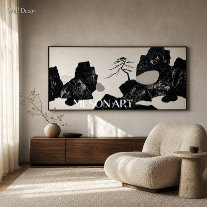 Large Black And White Textured Painting Abstract Landscape Art For Living Room
