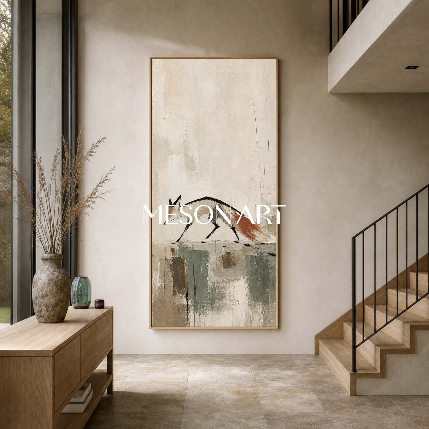 Minimalist Fox Canvas Art Abstract Animal Painting For Modern Entryway Decor