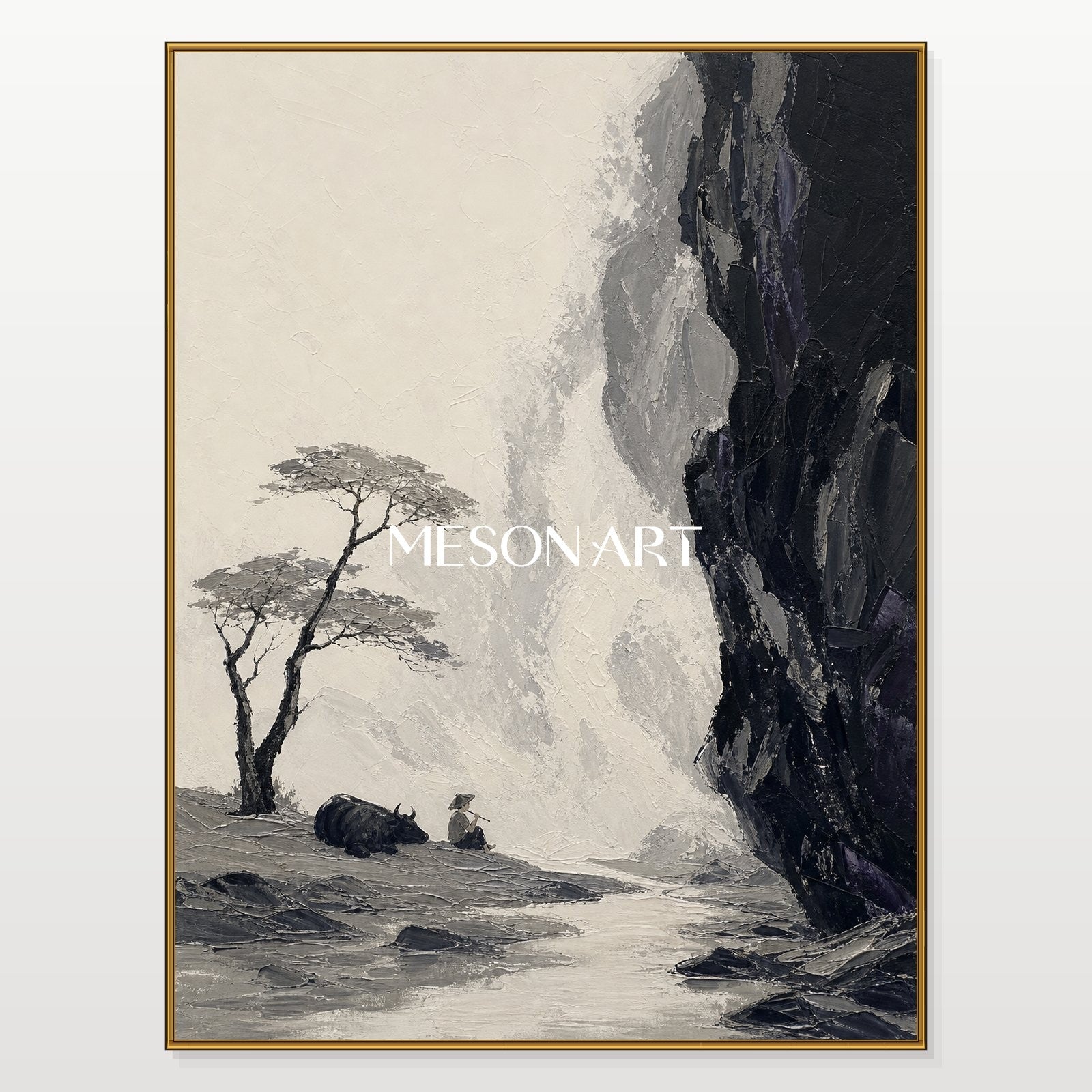 Black And White Landscape Painting With Rich Texture For Modern Home Decor