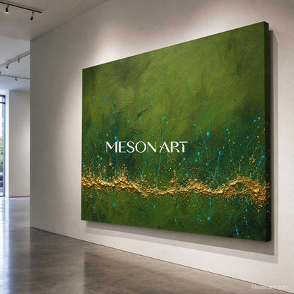 Green And Gold Abstract Painting With Textured Relief For Modern Living Room Decor