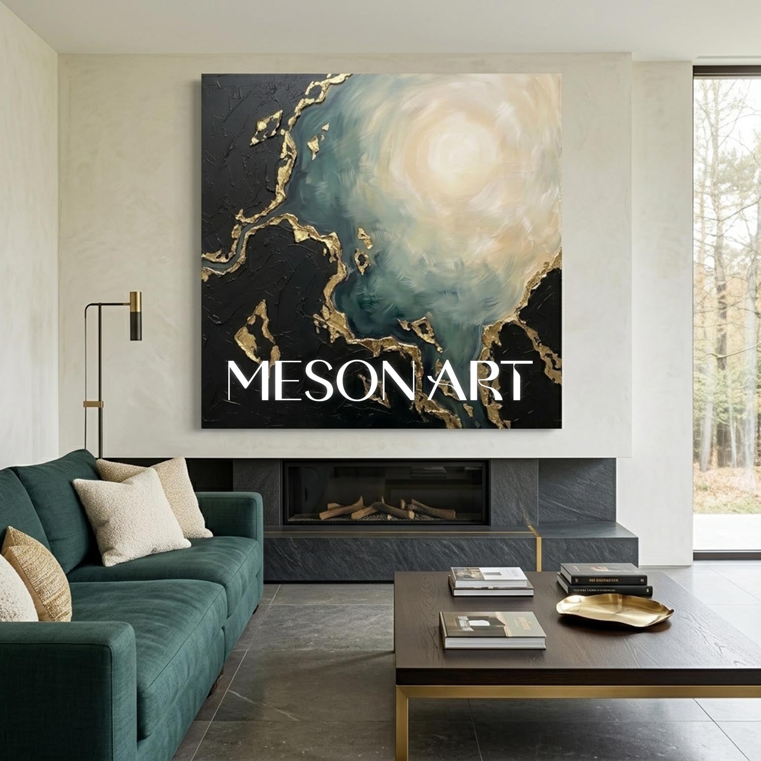 Luxury Abstract Sea Art With Gold Plaster Texture For Living Room Decor