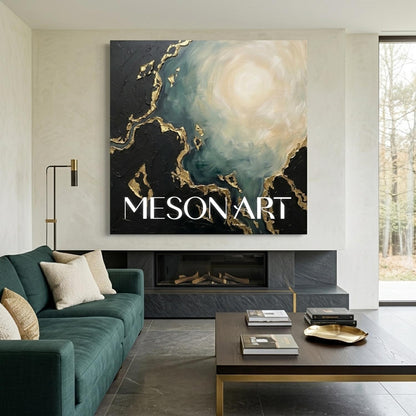 Luxury Abstract Sea Art With Gold Plaster Texture For Living Room Decor