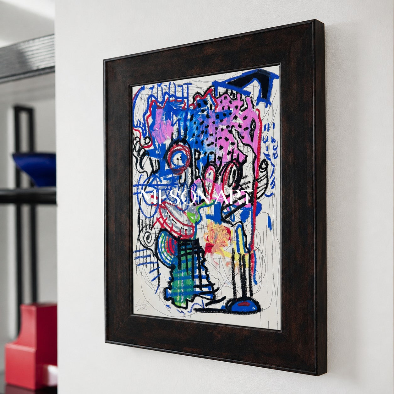 Blue And Pink Contemporary Figurative Painting Original Artist Rectangular Wall Art For Living Room By Mesonart