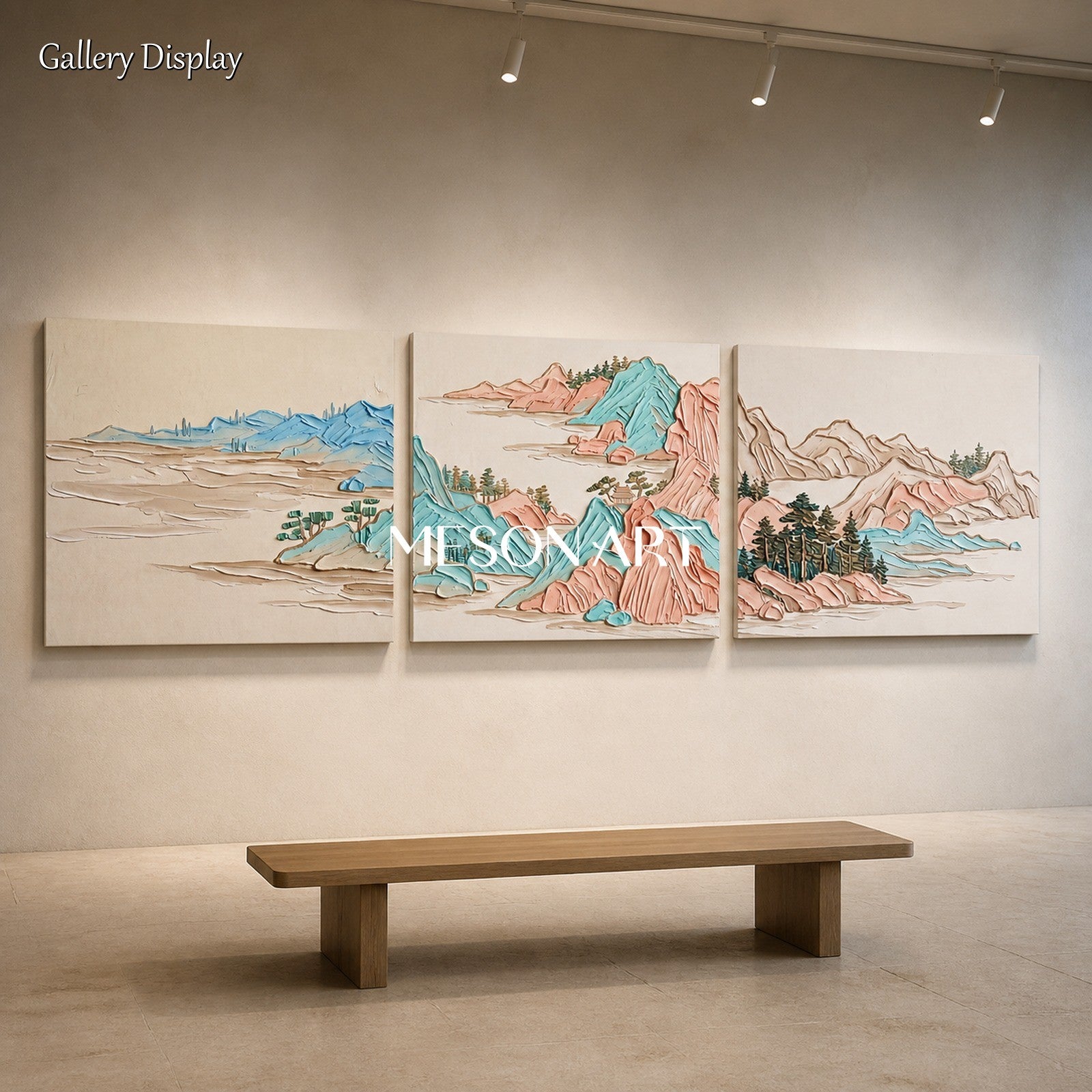 Beige And Blue Modern Impasto Mountain Painting Rectangular Wall Art For Living Room By Mesonart