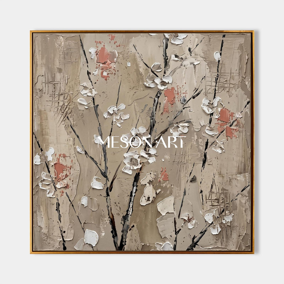 Beige And White Abstract Floral Painting Square Wall Art Original Artist Hand Painted By Mesonart