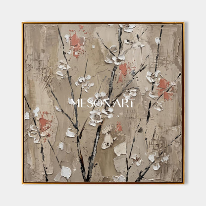 Beige And White Abstract Floral Painting Square Wall Art Original Artist Hand Painted By Mesonart