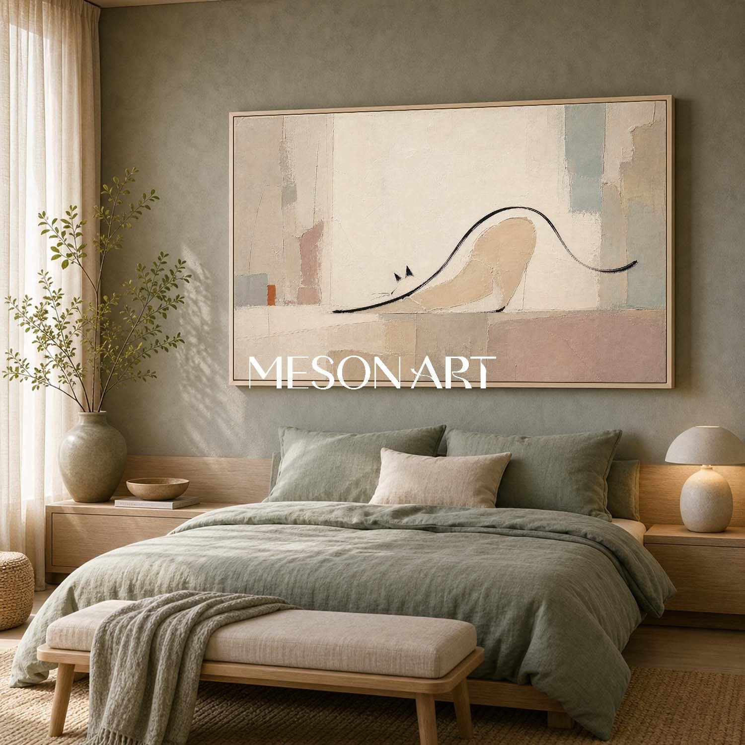 Minimalist Cat Abstract Painting In Beige And Grey For Modern Living Room Decor