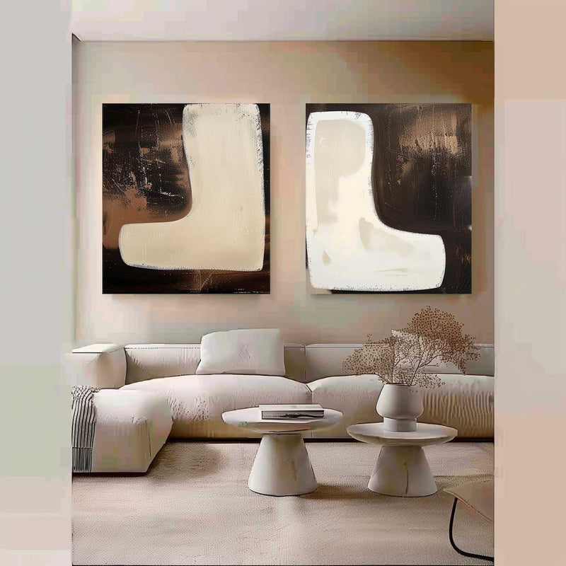Beige and Brown Abstract Art Set of 2 Modern Wall Art Contemporary Minimalist Canvas Art for Sale