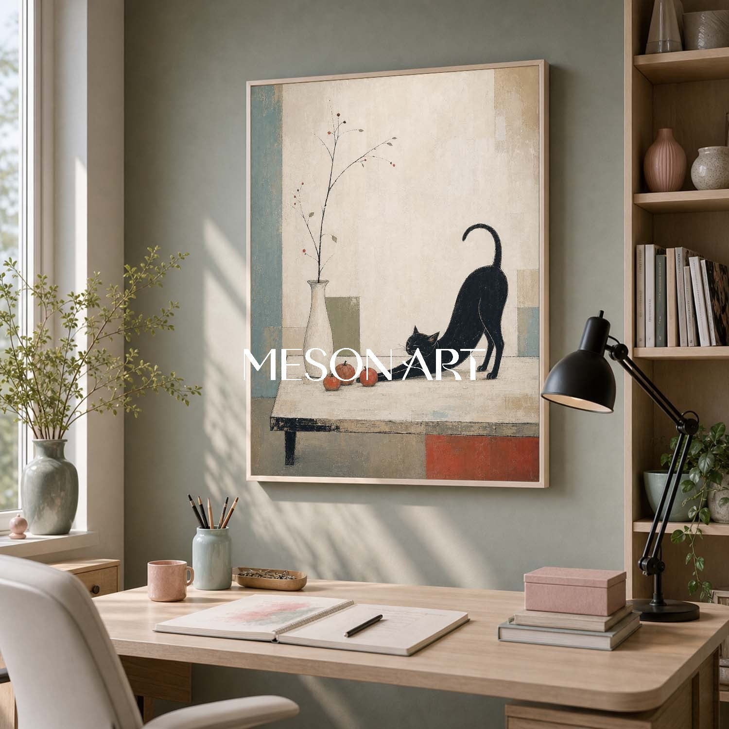 Minimalist Black Cat Painting With Autumn Fruits And Art Deco Background For Living Room Entryway Decor