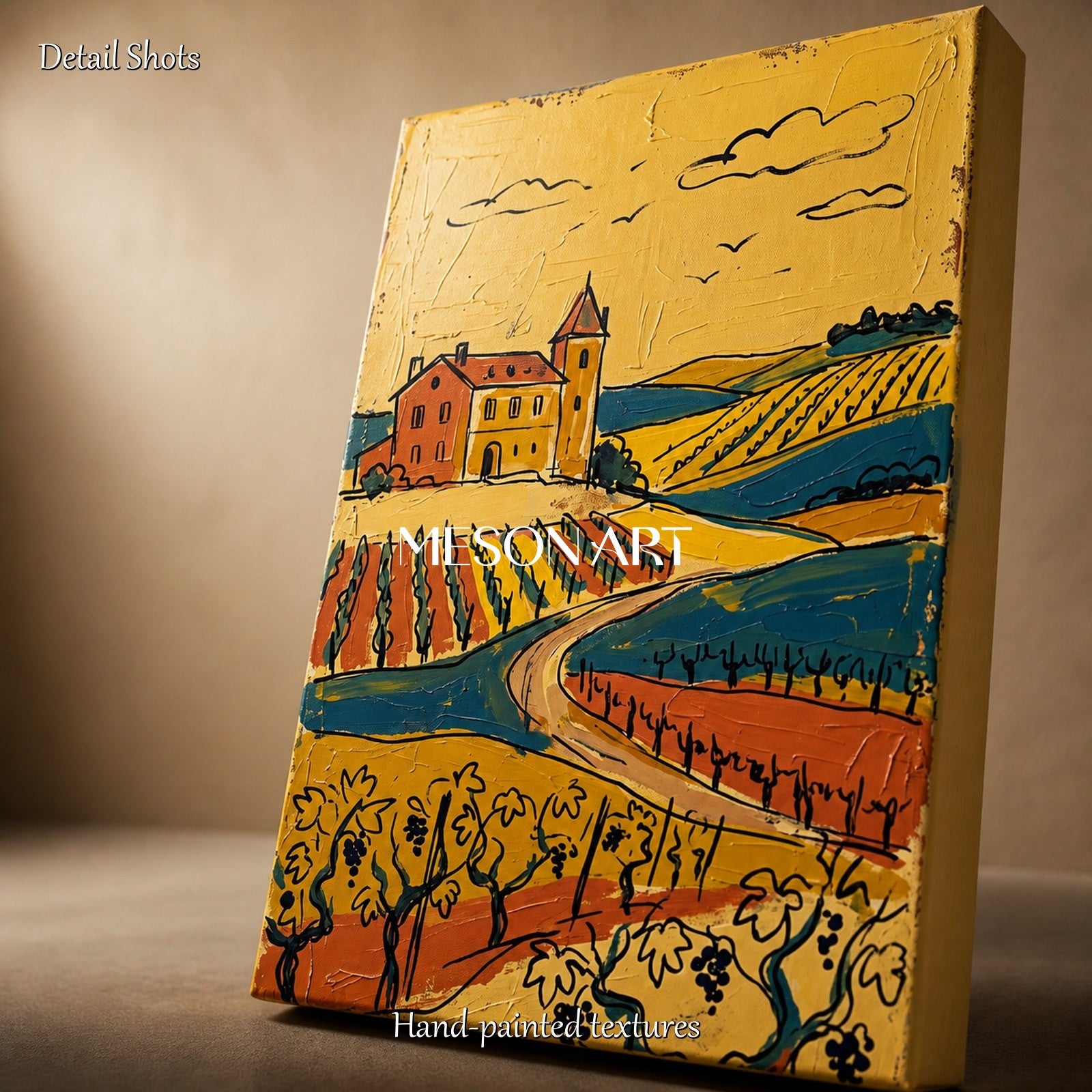 Gold And Brown Contemporary European Countryside Painting Original Artist Panoramic Wall Art For Dining Room By Mesonart