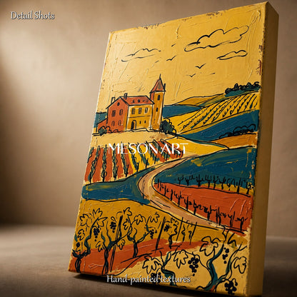 Gold And Brown Contemporary European Countryside Painting Original Artist Panoramic Wall Art For Dining Room By Mesonart