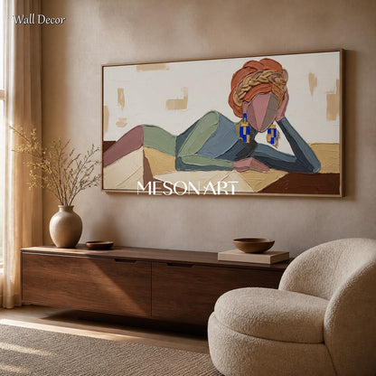 Beige And Blue Abstract Portrait Painting Panoramic Modern Figurative Art Original Artist Hand Painted By Mesonart