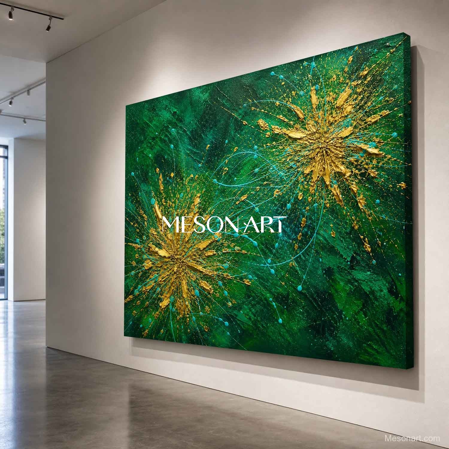 Emerald Green And Gold Abstract Painting With Fluid Motion And Metallic Accents For Modern Living Rooms