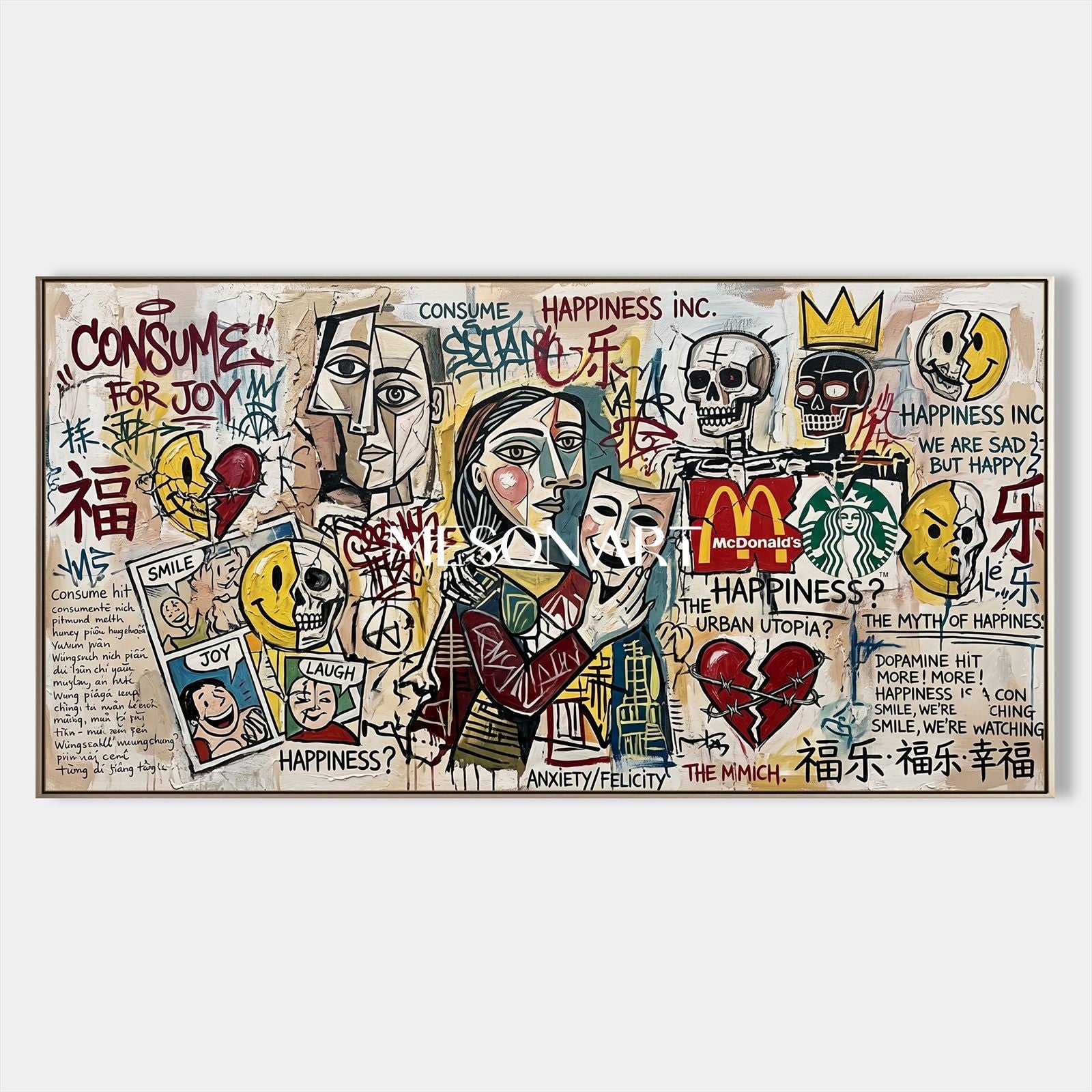 Urban Happiness Paradox Abstract Pop Art Painting With Consumer Icons For Modern Living Room Decor