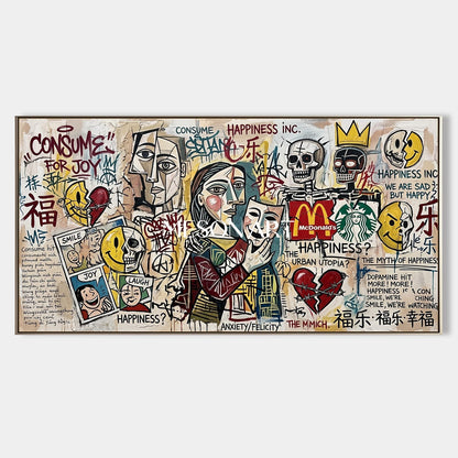 Urban Happiness Paradox Abstract Pop Art Painting With Consumer Icons For Modern Living Room Decor