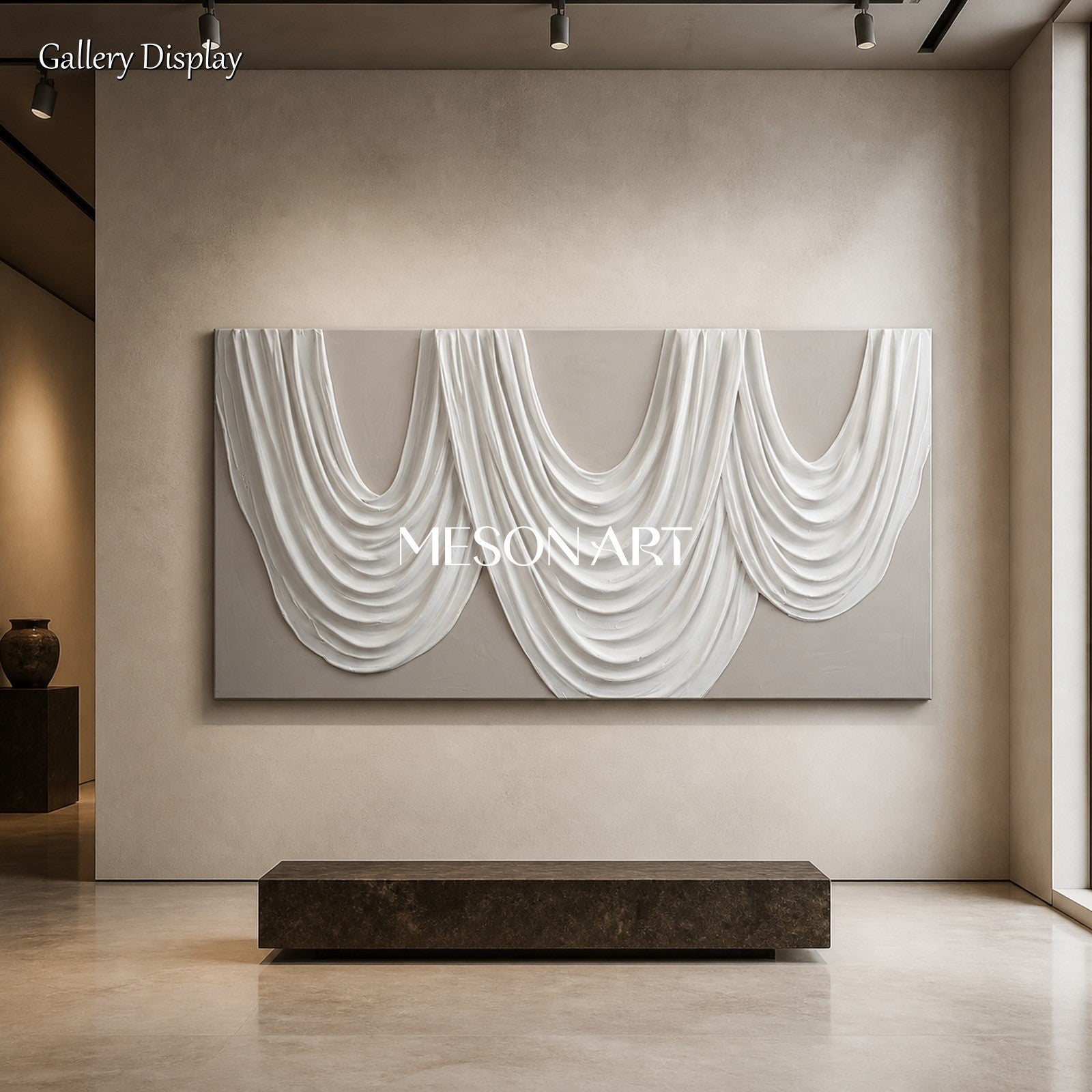 White And Gray Sculptural 3D Textured Modern Organic Wall Art Panoramic Canvas Painting By Mesonart
