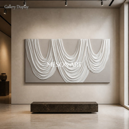 White And Gray Sculptural 3D Textured Modern Organic Wall Art Panoramic Canvas Painting By Mesonart