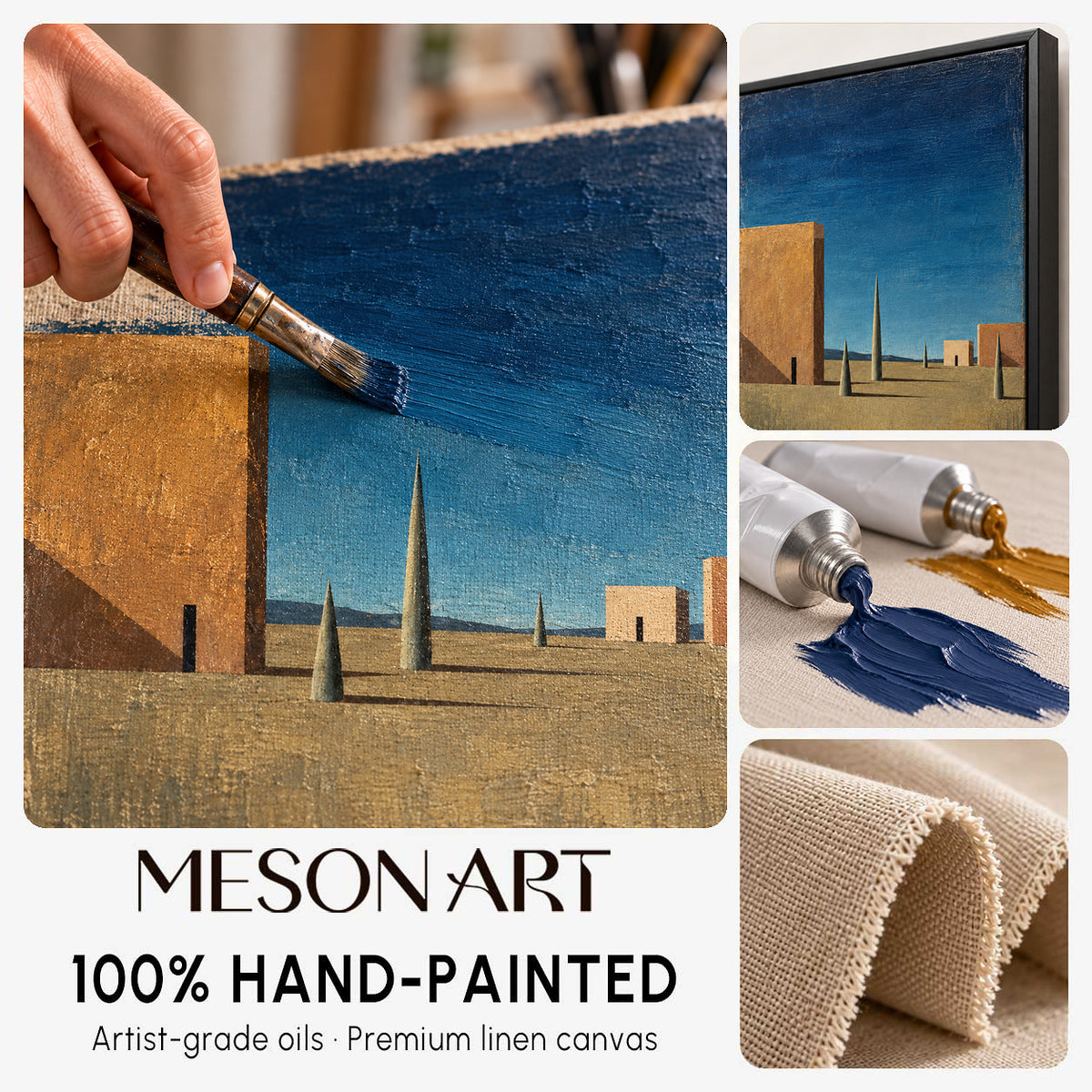 Blue Brown Surrealist Metaphysical Architectural Geometric Nostalgic Rectangular Wall Art By Mesonart