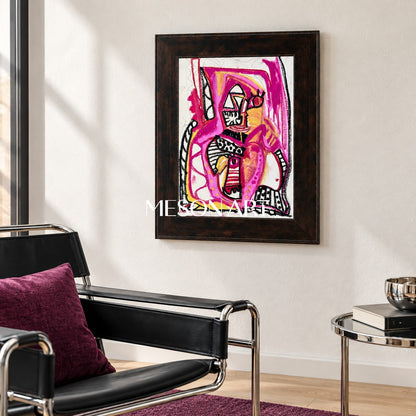 Pink And Black Contemporary Figurative Portrait Rectangular Wall Art Original Artist Painting By Mesonart