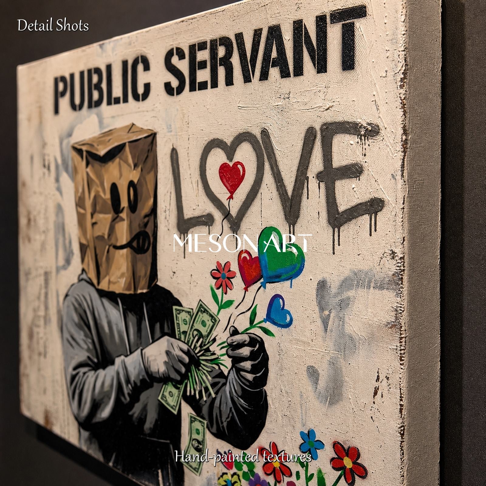 Black And White Banksy Style Original Painting Square Wall Art For Living Room By Mesonart