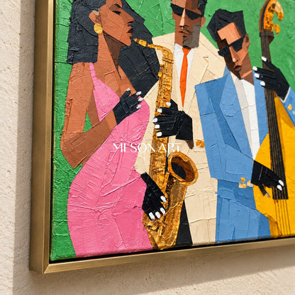 Green And Pink Pop Art Jazz Painting Modern Figurative Geometric Textured Musical Rectangular Wall Art By Mesonart
