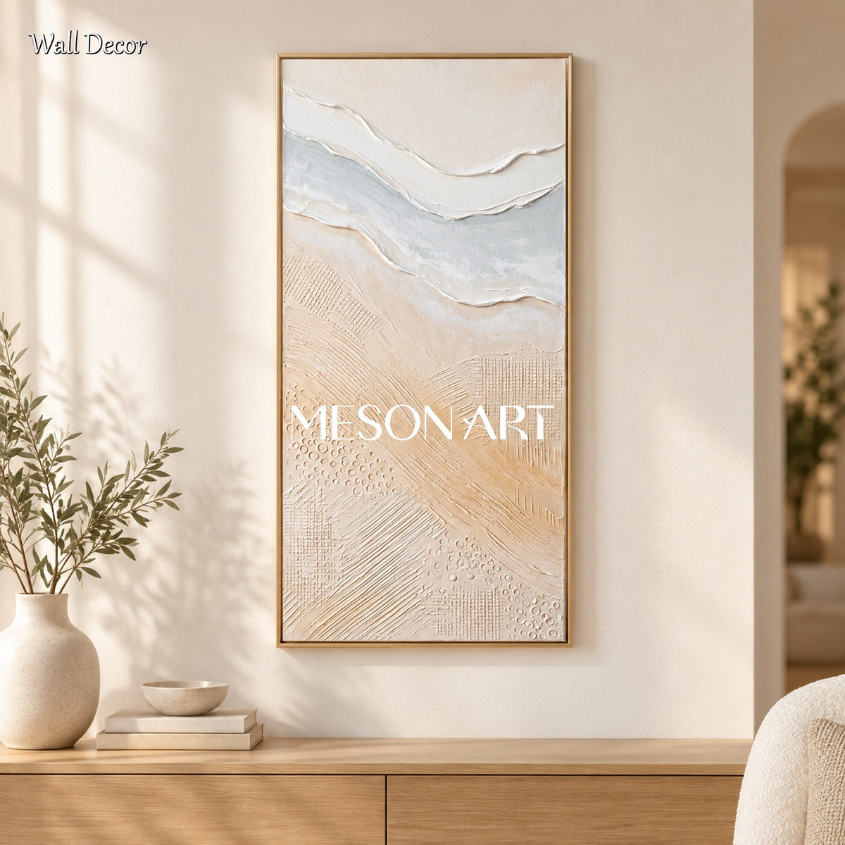 Beige And White Beach Wall Art Panoramic Large Abstract Painting Original Artist Hand Painted By Mesonart