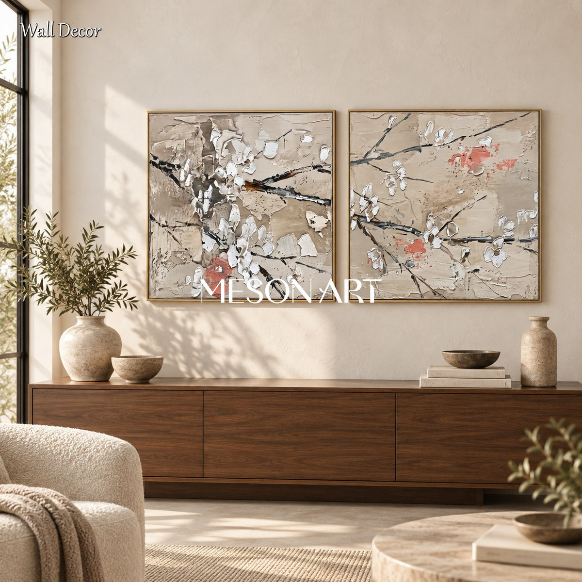 Beige And White Sakura Floral Art Square Wall Decor Original Artist Hand Painted By Mesonart