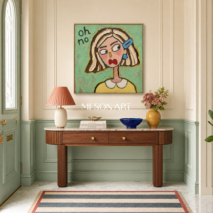 Colorful Pop Art Cartoon Portrait Painting With Textured Green Background For Modern Living Room Decor