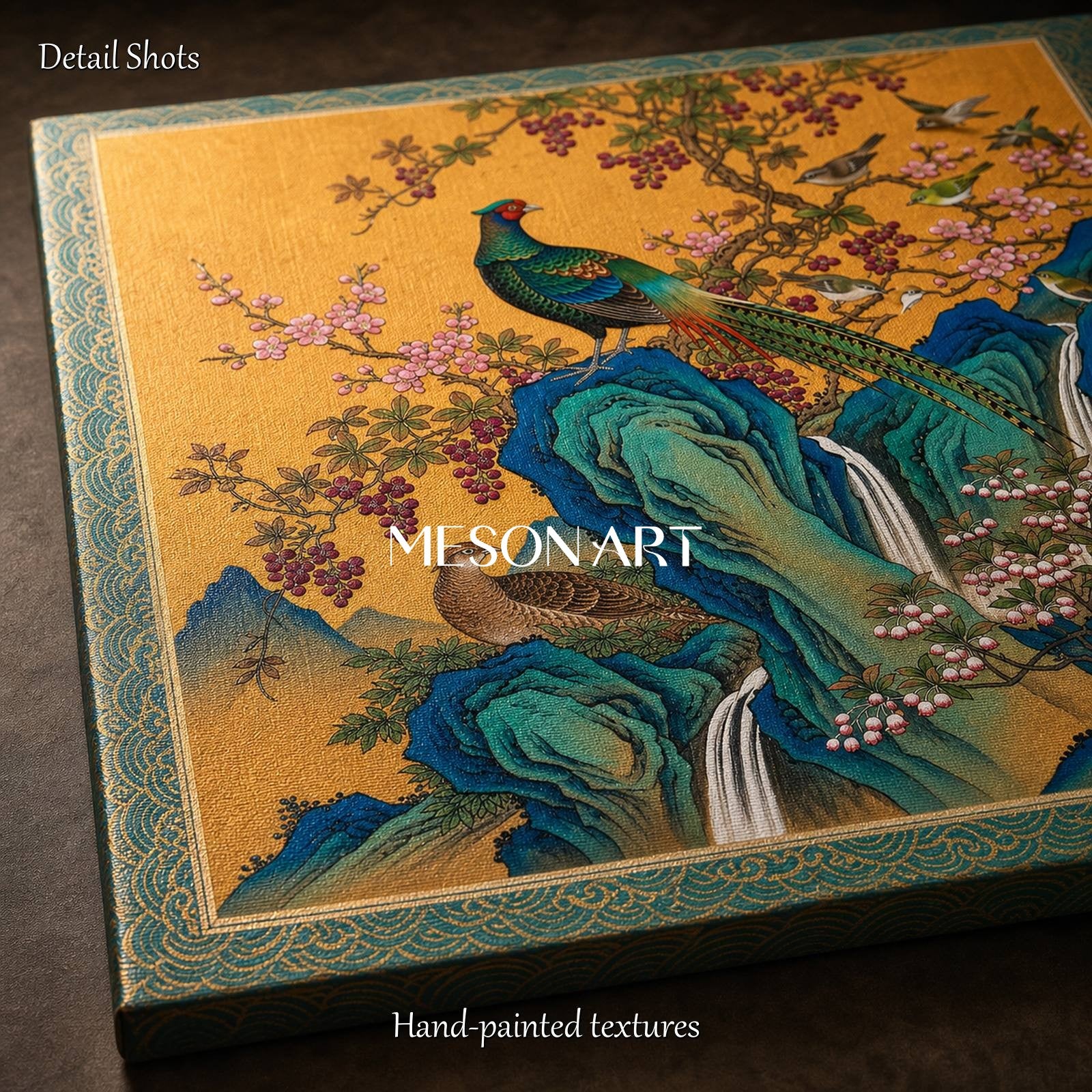 Gold And Blue Gongbi Bird And Blossom Painting Square Wall Art Original Chinese Style Artwork By Mesonart