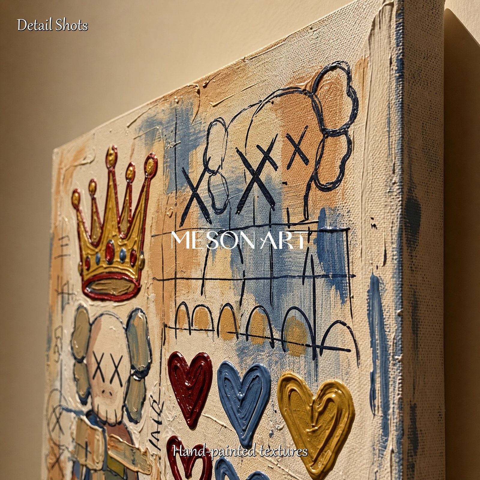 Abstract Pop Art Painting With Crown And Hearts For Modern Living Room Decor