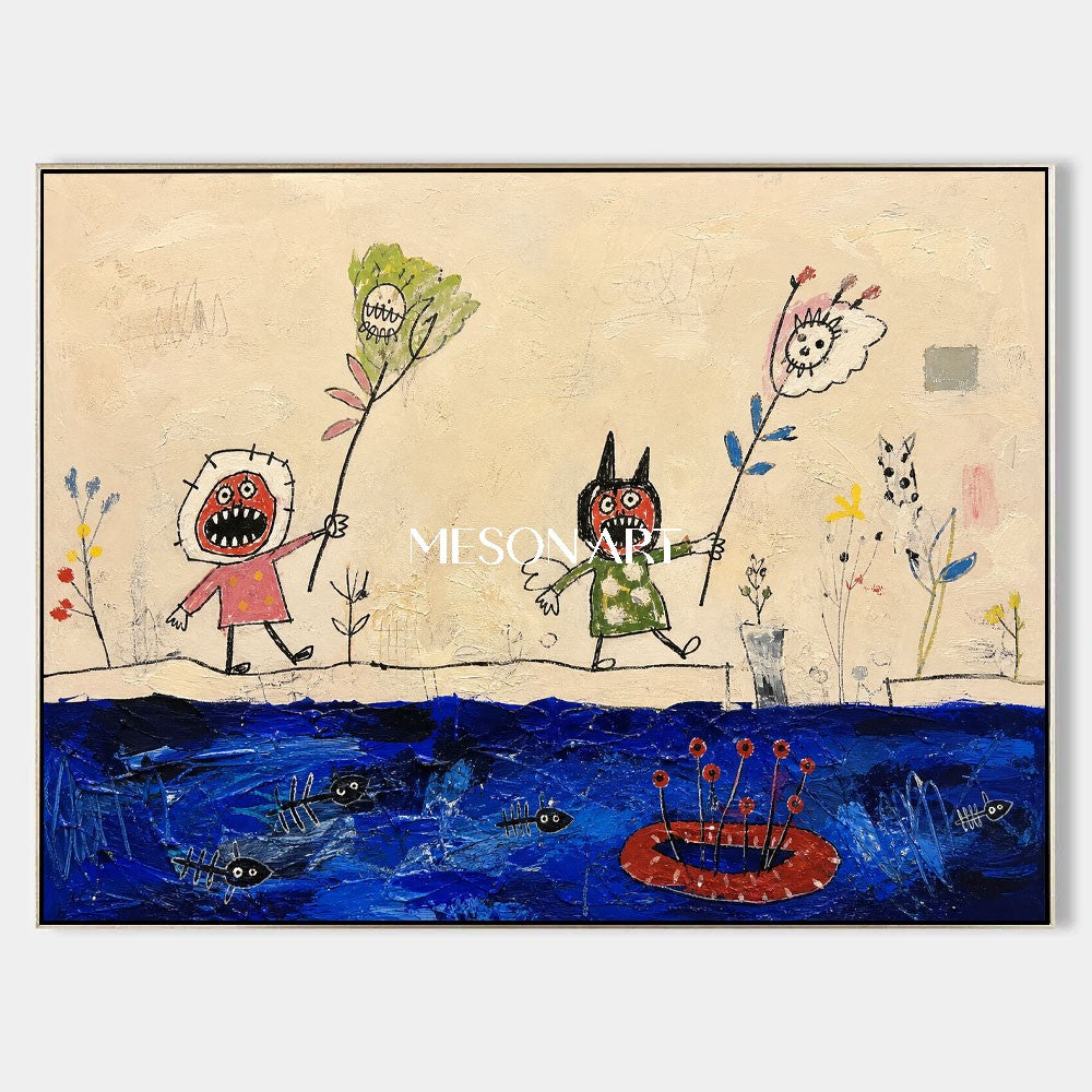 Original Expressionist Figurative Painting With Textured Blue Beige For Modern Living Room