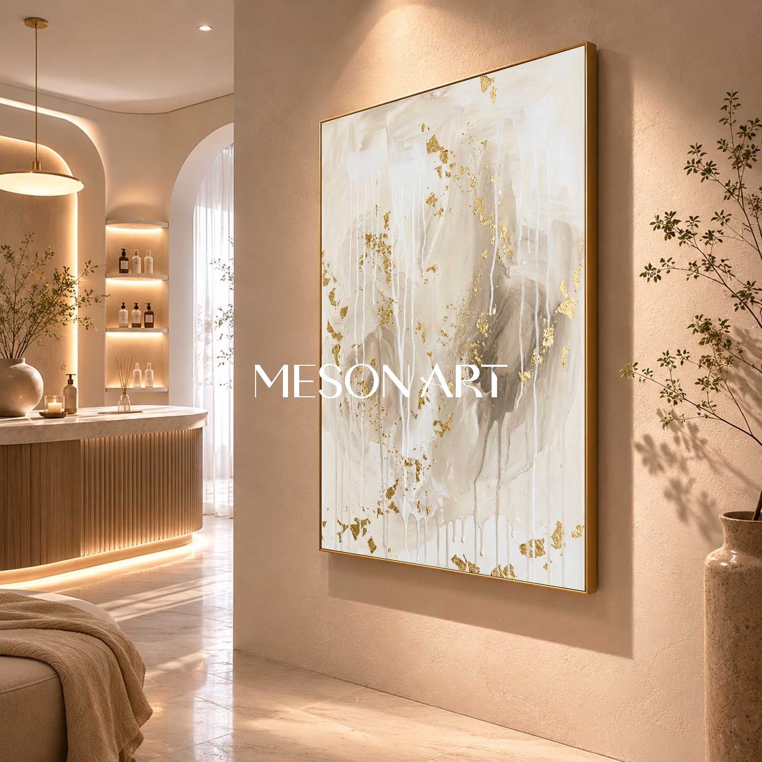 Luxury Gold Leaf Abstract Painting With Beige Tones For Modern Home Decor