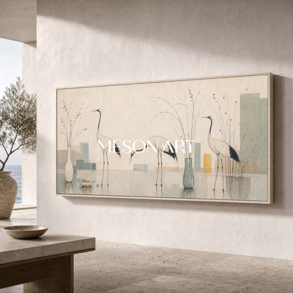 Large Minimalist Crane Wall Art With Still Life For Modern Living Room Decor