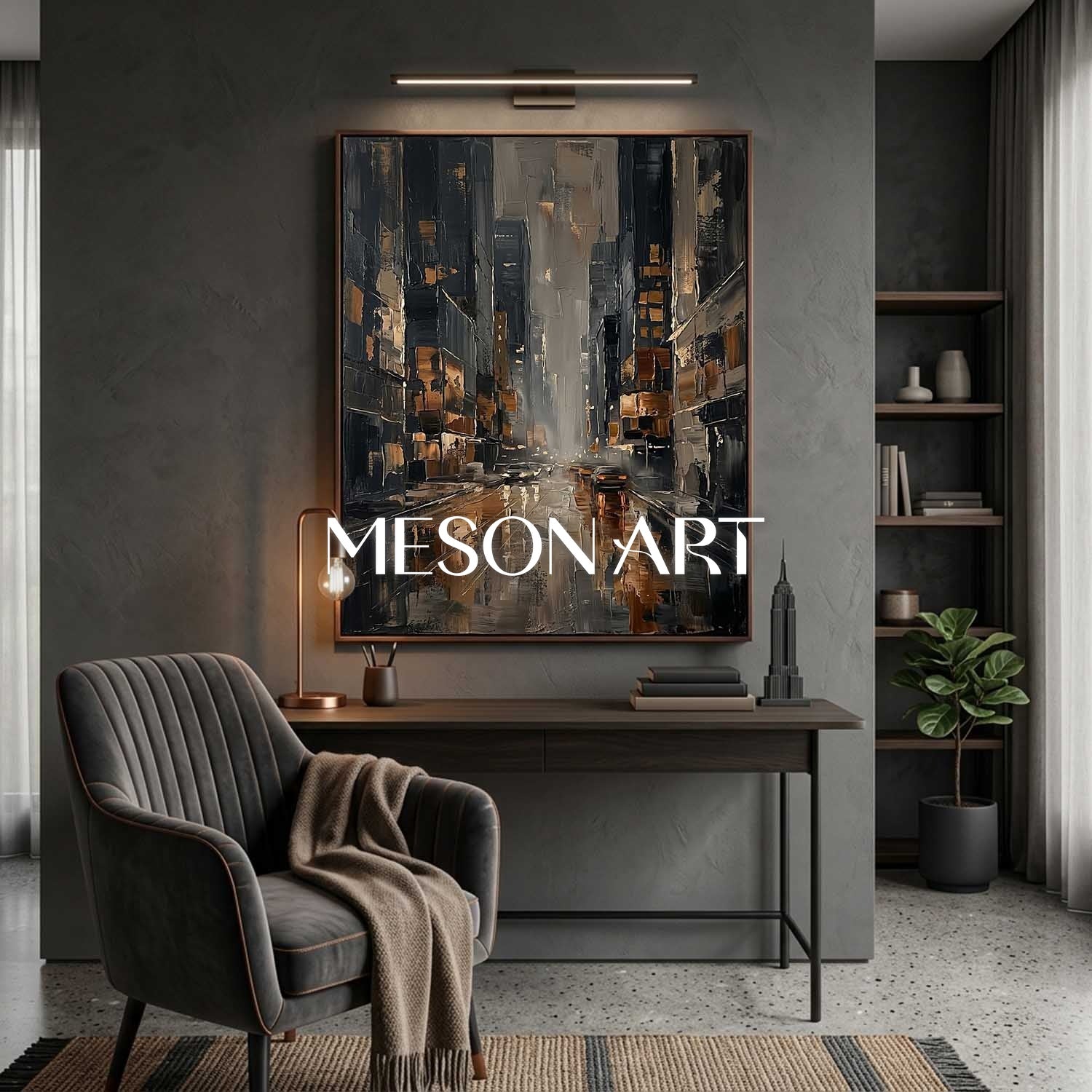 Abstract Cityscape Painting With Gold Accents For Modern Living Room And Office Decor