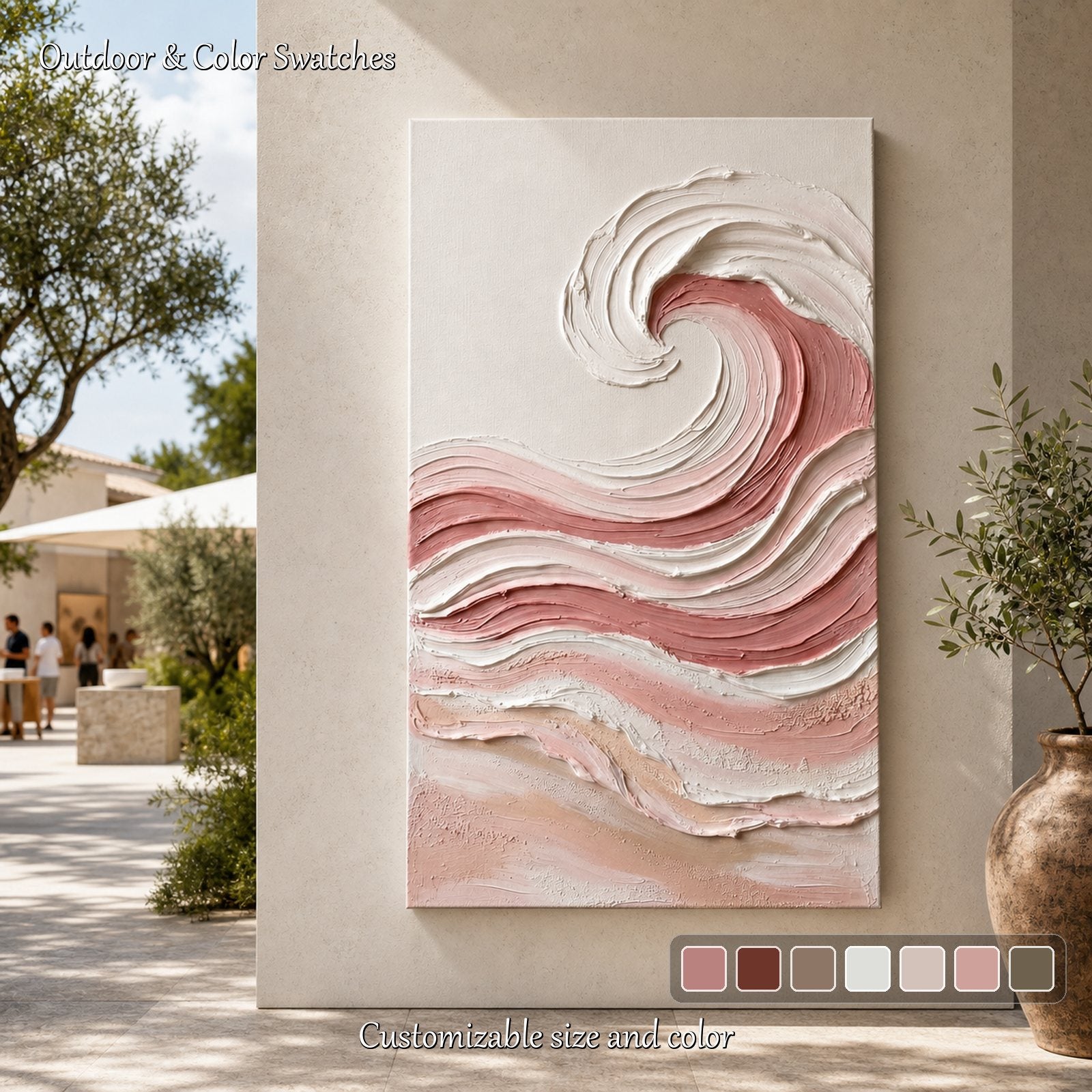 Pink Ocean Wave Textured Art With Gold Frame For Modern Bedroom Decor
