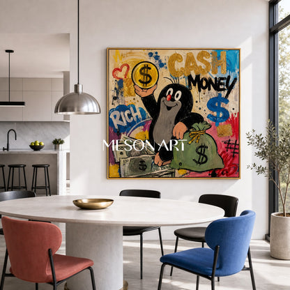 Funny Cartoon Mole With Money Pop Art Graffiti Painting On Linen Canvas For Living Room And Entryway Decor