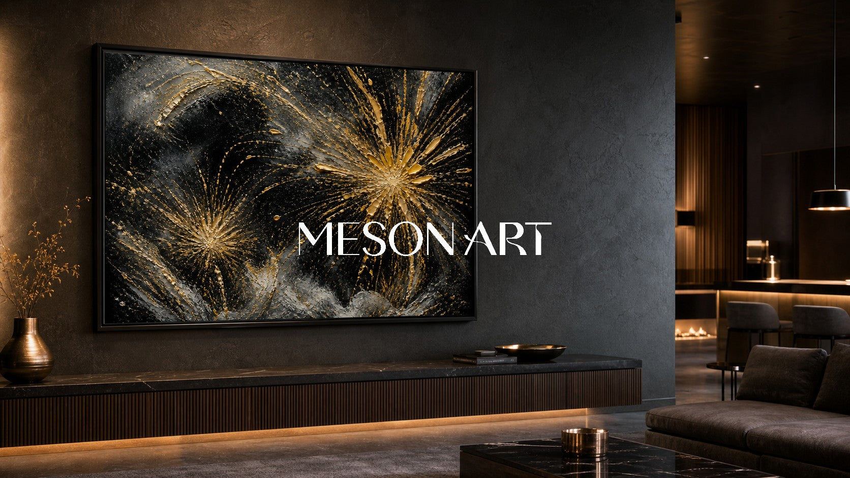 Luxury Black And Gold Abstract Art With Textured Relief For Modern Living Room Decor