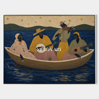 Expressive Musician Boat Painting With Ocean Stars For Living Room Decor