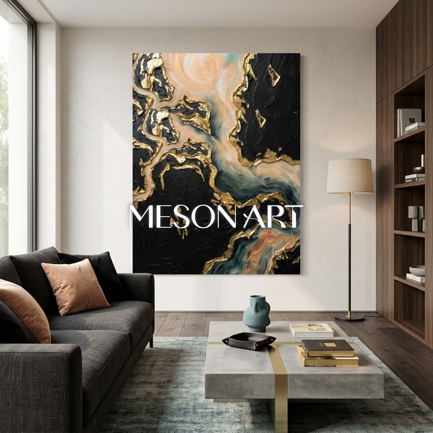 Gilded Abstract Plaster Art With Sea Green Waves Black Gold Decor