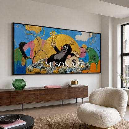 Golden Fortune Fable Pop Art Painting With Cartoon Character For Modern Living Room Decor