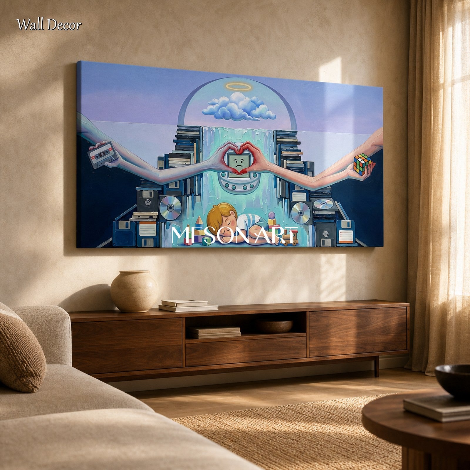 Blue And White Surrealism Painting Panoramic Wall Art For Living Room By Mesonart