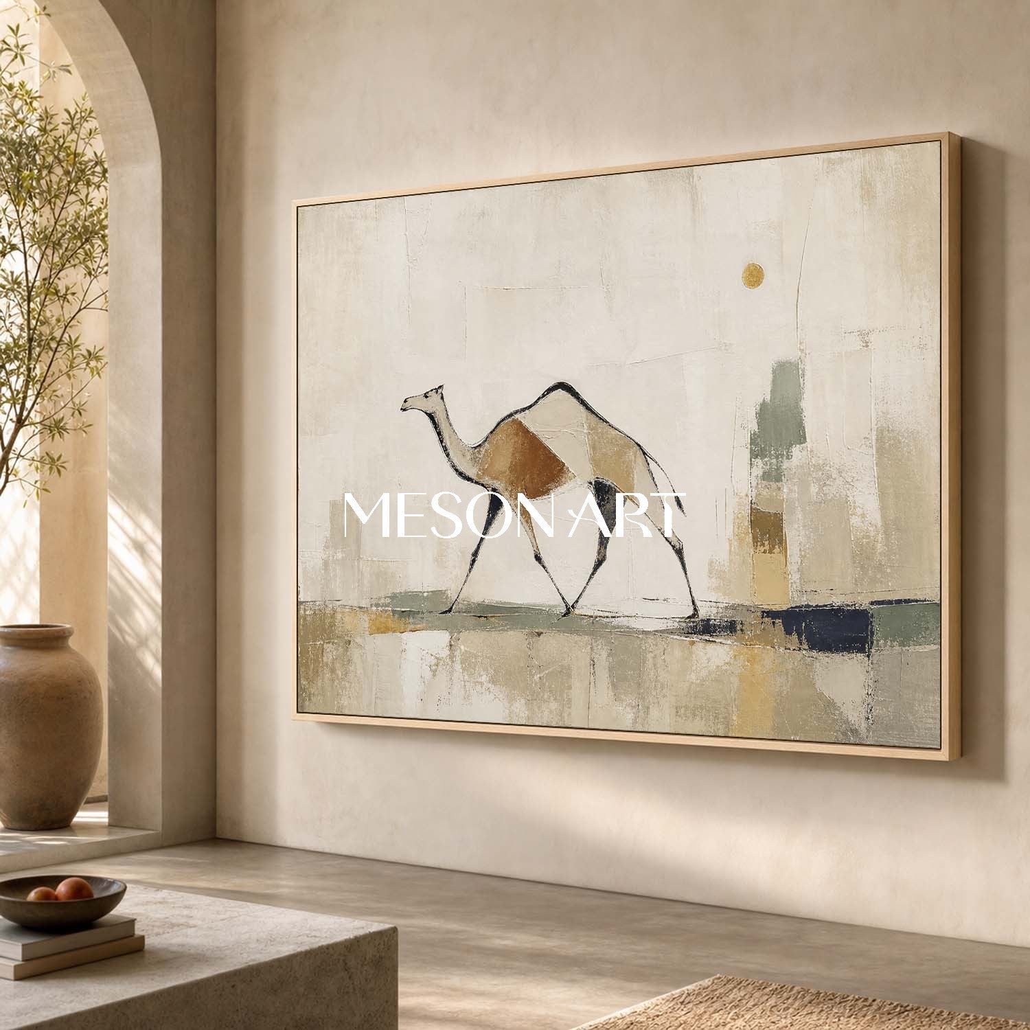 Minimalist Camel Wall Art Beige Gold Abstract Painting For Modern Living Room Decor