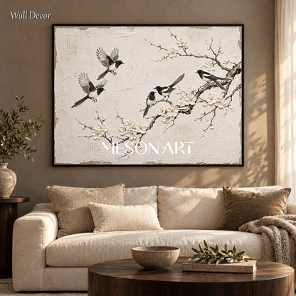 White And Black Magpie Plum Blossom Painting Rectangular Wall Art Original Artist Hand Painted By Mesonart