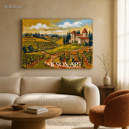 Gold And Green Wine Countryside Contemporary Figurative Original Painting Rectangular Wall Art For Dining Room By Mesonart
